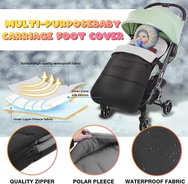 Universal vognpose for vinter - Mykt vanntett babyfotdeksel - Vindtett varm barnevognpose Black