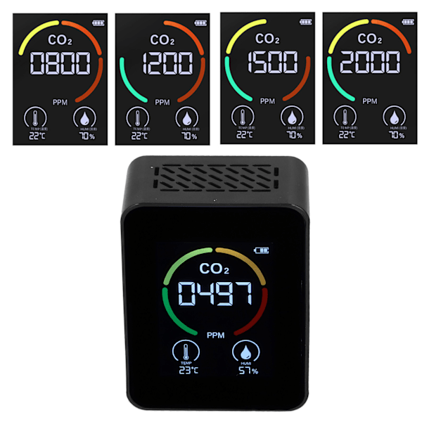 CO₂-detektor Digital termometer Hygrometer Luftkvalitetsmonitor TVOC Formaldehyddetektor Black