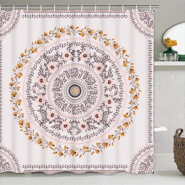 Mandala shower curtain floral medal shower curtain with 12 hooks,shower curtain pink brown garland,waterproof hippie bohemian bathroom shower curtain