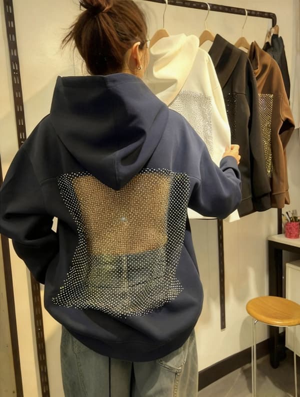 Backstage Crystal Mesh Hættetrøje | Fashion Streetwear Pullover Sweatshirt*S*Mørkeblå