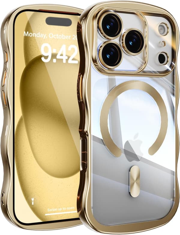 Magnetiskt telefonfodral, stöder trådlös laddning, stötsäkert kameraskydd, transparent skyddande galvaniserat stötfångarskydd, guldfärg.