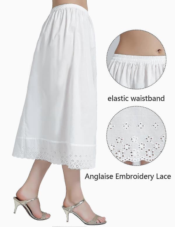 100 % bomull dame halv underkjole med blondebroderi Ivory-70cm Length M