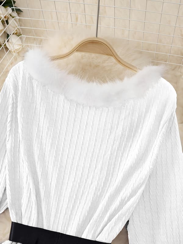 Plus Size Dame Juleaften Swingkjole Langærmet V-hals Jacquard Trimmet med Bælte Halloween Special White 4XL