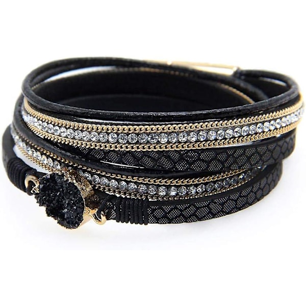 Läderarmband för kvinnor, Boho Leopard Multilayer Kristallpärlor Manschettarmband Smycken