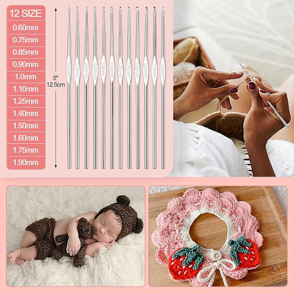 Virkningskit för Nybörjare Vuxna, Stickningsstartpaket för Vuxna, Inkluderar 0.6-6.0mm Metallvirknålar, Ull, Väska och Stickningstillbehör