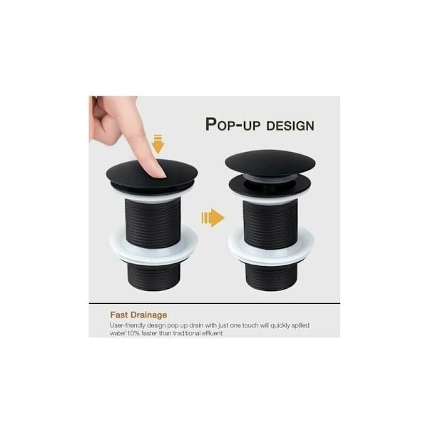 Svart bottenventil utan överlopp, universal svart pop-up bottenventil, avloppsplugg utan överlopp, avloppsventil utan överlopp{F2}