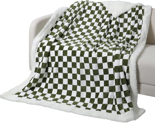 Plaid Fleece Tæppe Blød Flanel Grøn og Hvid Varm og{f2}
