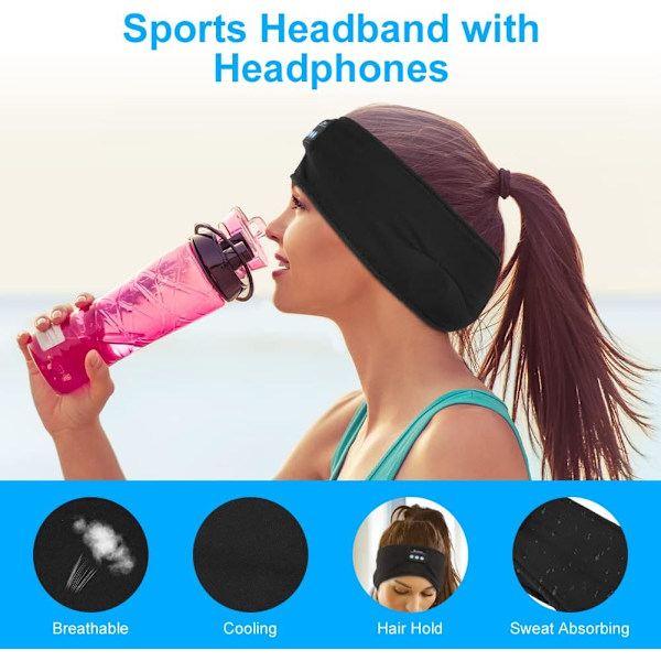 Sport Hörlurar med Huvudband, Trådlösa Bluetooth Sömnhörlurar med Ultratunna HD Stereo Högtalare, Lämpliga för Sport/Yoga/Fitness, Svart