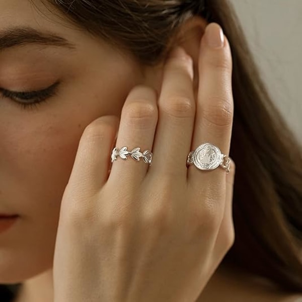 18K hopeoidut sormukset naisille, ruostumattomasta teräksestä valmistetut näyttävät sormukset pakkaus pinottavat boho midi sormukset säädettävät avoimet sormusnauhat kierretyt{F2} silver