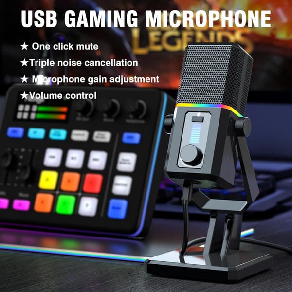 HK2 Gaming Mikrofon USB Dynamisk Dator Spel Streaming Mikrofon med RGB-ljus Mute-knapp Gain Control Skrivbords Podcast Mikrofon för Twitch YouTube Studio
