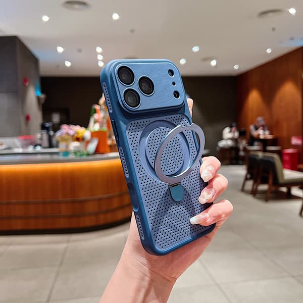 Magnetiskt iPhone-fodral med kylventil och runt stativ, bikakeformad värmeavledningsdesign, stötsäkert skyddsfodral*iPhone 16 Plus*blå blue iPhone 16 Plus