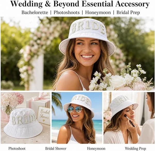 Brud & Gom solhat med perler elegant udendørs fiskerhat perfekt til bryllupsfest og bryllupsrejse billeder tilbehør BRIDE