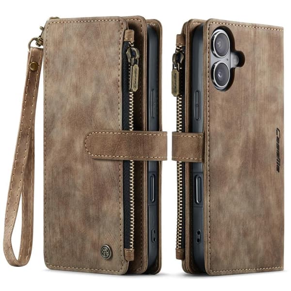 iPhone 17 Etui Læderetui med Kortpladser og Lynlås (F2) Brun