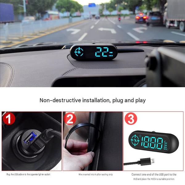Digital bil GPS hastighetsmätare, bil HUD-display med hastighet MPH, kompass körriktning, påminnelse om trötthetskörning.