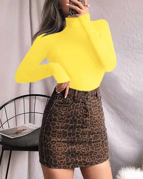 Langærmet Mock Neck Bodysuit til kvinder Jumpsuit Top Long Sleeve Yellow Large