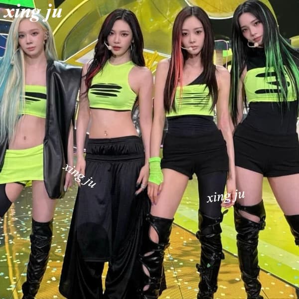 Fluorescerende Grønn Hullvest Stram Crop Top For Kvinner Sceneopptreden Danseklær 2Pcs S