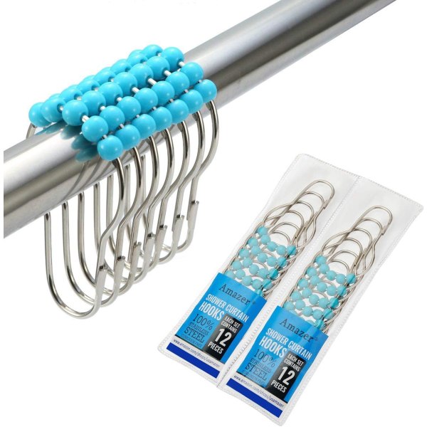 2-pack duschdraperikrokar Ringar, rostfritt stål rostbeständiga duschdraperiringar och krokar-set med 24- Blå