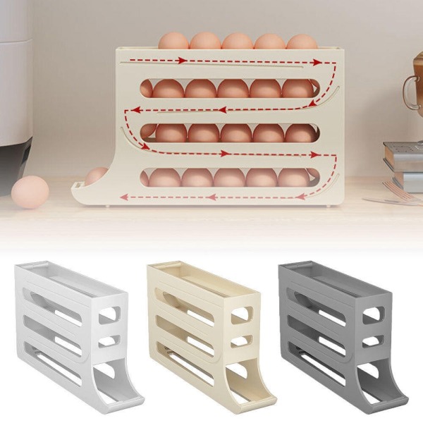 4-lags eggestativ for kjøleskap Eggdispenser Automatisk rullende eggbrett Oppbevaring 30 eggbeholder Beige