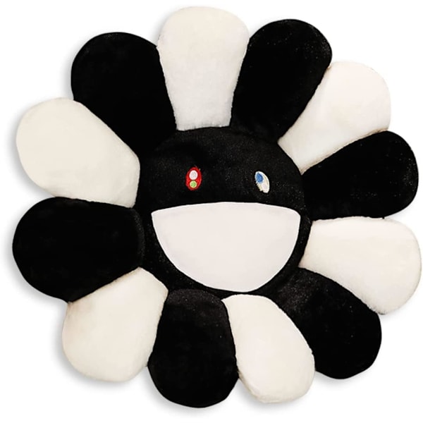 Hymyilevä Plush Rainbow -tyyny, Auringonkukka Indie Decor Plush -tyyny Pehmeä & Mukava Kukka Lattiatyyny Kotiin Lukemiseen Sänkyyn (40CM, Musta ja Valkoinen)