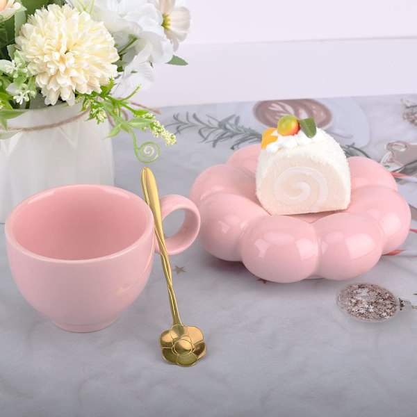 Keraaminen kahvikuppi, pilvi-kahvikuppi ja aluslautanen -setti, söpö kuppi kukkalusikalla ja auringonkukka-alustalla, kawaii-teekuppi aluslautasella Pink