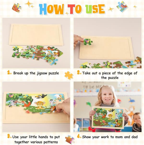 Trepuslespill for barn - Gårds- og havdyr puslespill - Læringsleker for småbarn gutter jenter 3-6 år 5pcs