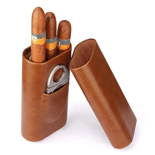Højkvalitets brun læder cigar etui til 3 cigarer Cigar luftfugter{F2}