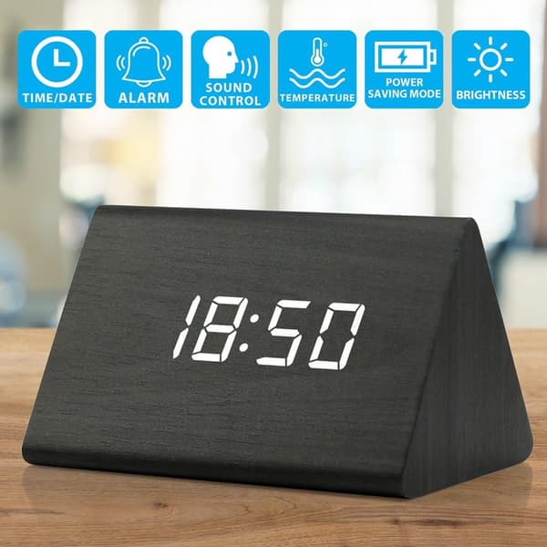 LED Digital Väckarklocka - Tid Datum Temperatur Display - Trä Svart Klocka med Vitt Ljus