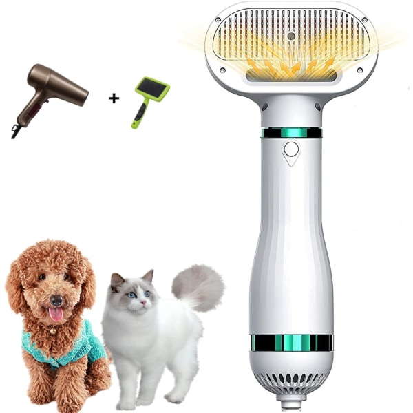 Hundhårtork, 2-i-1-hårtork för djurskötsel med borste, hårborttagning med ett klick, justerbar temperatur, för hund och katt