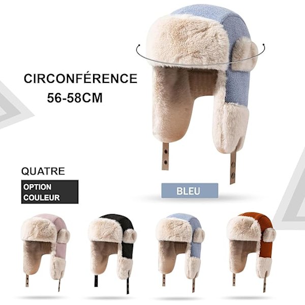 Vinter trapper hat med øreklapper, varm russisk hat til kvinder, trapper hat/skihue til mænd. blue