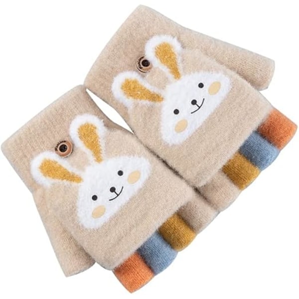 Konvertibla Fingerlösa Vantar för Barn Katt Kanin Stickade Flik Vantar Halvfinger Stretchiga Vantar för Flickor Pojkar 6-12 År{f2}