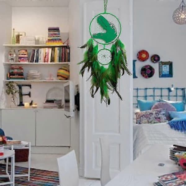 Fjærkledd Dinosaur Veggdekor for Barn, Drømmefangerlys for Gutter og Jenter, Unik Soverom Hengende Pynt Green With light