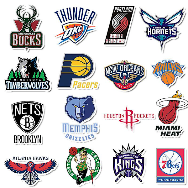 Sett med 32 NBA Basketball Association basketballklistremerker. Lakers, Chicago Bulls, Orlando Magic eller flere klistremerker