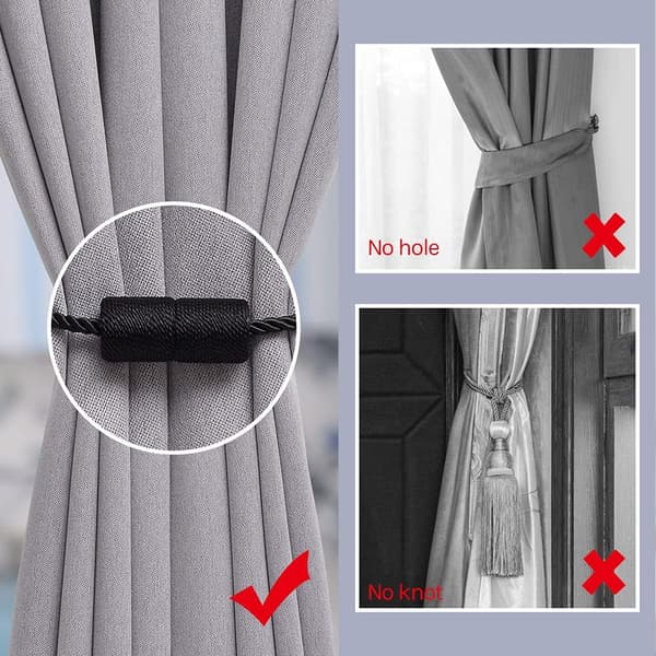 2-pack magnetiska gardinband, 15-tums handvävda sidorep, gardinfäste black