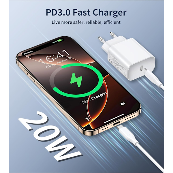 3-pakning A-pple 20W USB C Strømadapter Spesielt Designet for iPhone USB C-kontakt med iPhone 16/15/14/13/12 Plus Pro Max Mini
