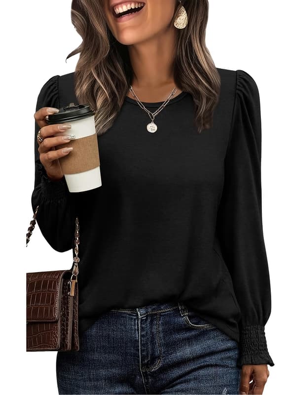Dame Modetop Sæt Efterår Flæsekant Rund Hals Afslappet Pufærme T-shirt Brown+apricot+black S