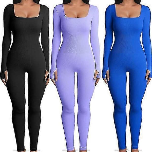Träningsjumpsuits för kvinnor Ribbade Långärmade Sportjumpsuits Light Grey L