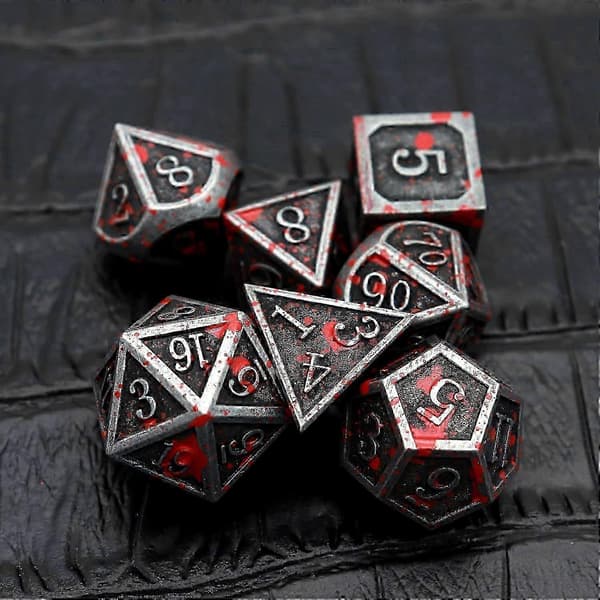 Blodplettede Metal DND Terninger Sæt Blodplettede Terninger D&D Polyhedrale RPG Terninger (Antik Jern Rød){h}