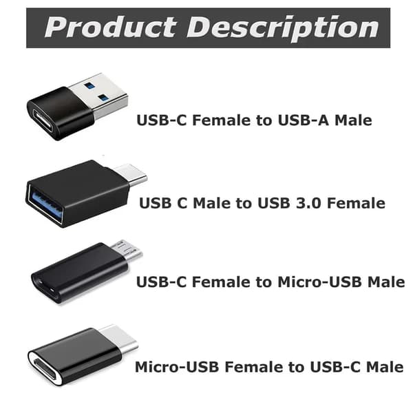 8-pak USB C hun-adapter sæt USB A til USB C Micro USB til Type C-konverter til biloplader bærbar telefon black