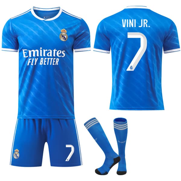 25-26 Real Madrid Bortaställ Blå Fotbollströja med Strumpor Nr 7 VINI JR(F2) M
