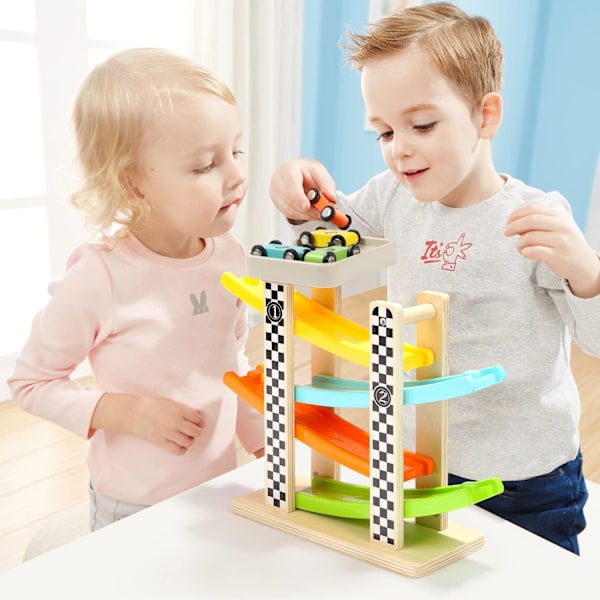 Legetøj til småbørn 1-2 år, drenge og piger, træracerbane med 4 små biler