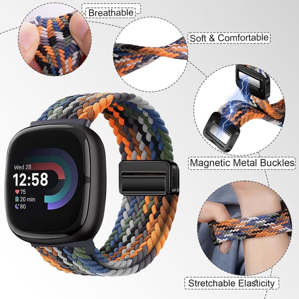 Flettede remme kompatible med Fitbit Versa 4/Fitbit Versa 3/Sense 2/Sense 1, blød strækbar elastisk nylon sportsrem til kvinder og mænd (Denimblå)