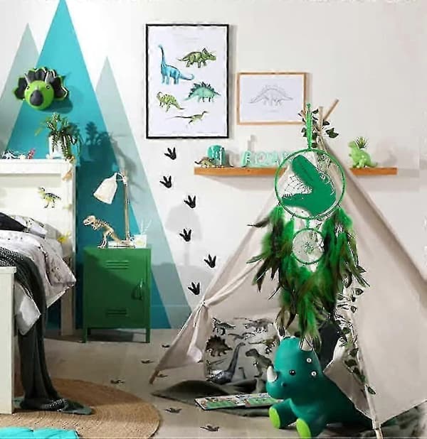 Fjærkledd Dinosaur Veggdekor for Barn, Drømmefangerlys for Gutter og Jenter, Unik Soverom Hengende Pynt Green With light