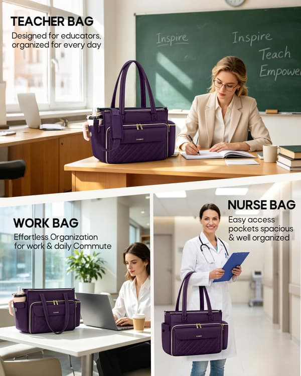 RAINSMORE Lærertaske til kvinder, 15.6\" Laptop Arbejdstaske, 40oz Krusholder{F2} Purple