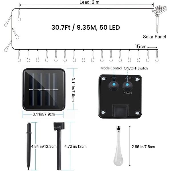 50 LED droppformade solcellslampor för trädgården, utomhus, vattentäta, 6,9 m