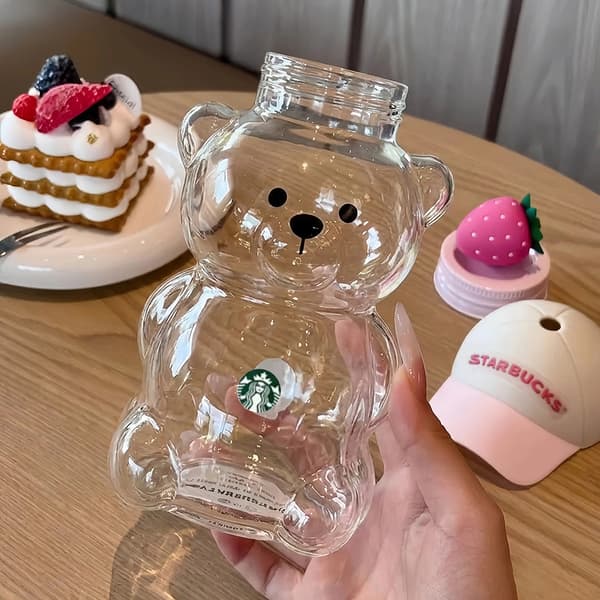 Bearista Björn Glasmugg Ljusblå Sugrör Jordgubbsdekorerad Glas Kall Dryckeskopp A