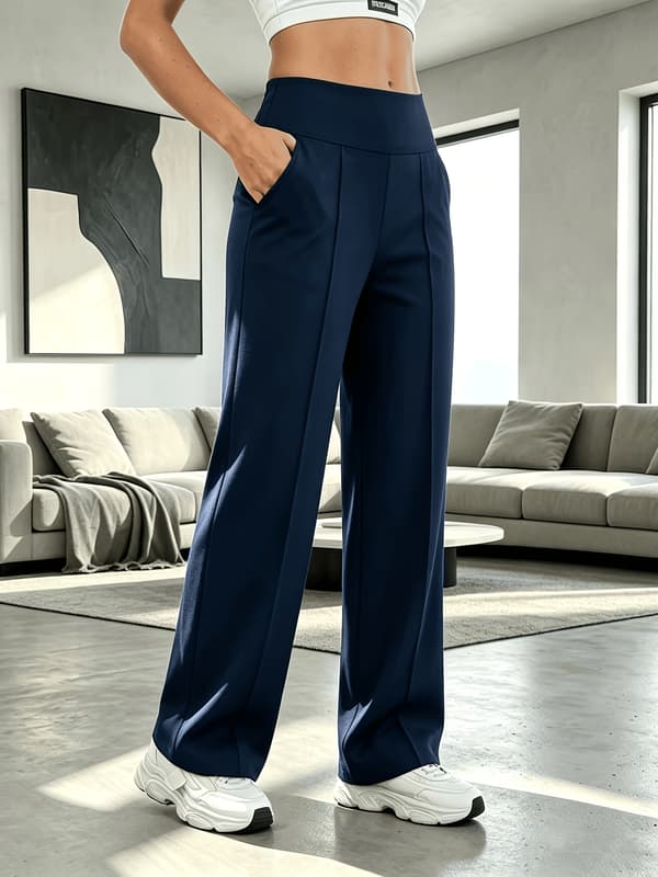Dame højtaljede, mavekontrollerende, vide benbukser med lommer, bløde, flydende, afslappede bukser til pendling navy blue + black + brown L