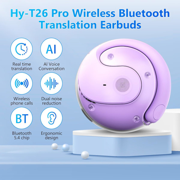 (Lila) Språköversättare, Hörlurar, Trådlöst Bluetooth-ljud, Realtidsöversättare, Stöder 144 språk