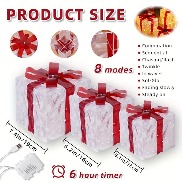 st, Julklappslåda Belysning, Transparent Varm Ljus Julbox Drivs av Batteri/USB, 8 Blinkande Lägen, Inklusive Timerfunktion 3 presentaskar (8 lägen) Varmt Ljus
