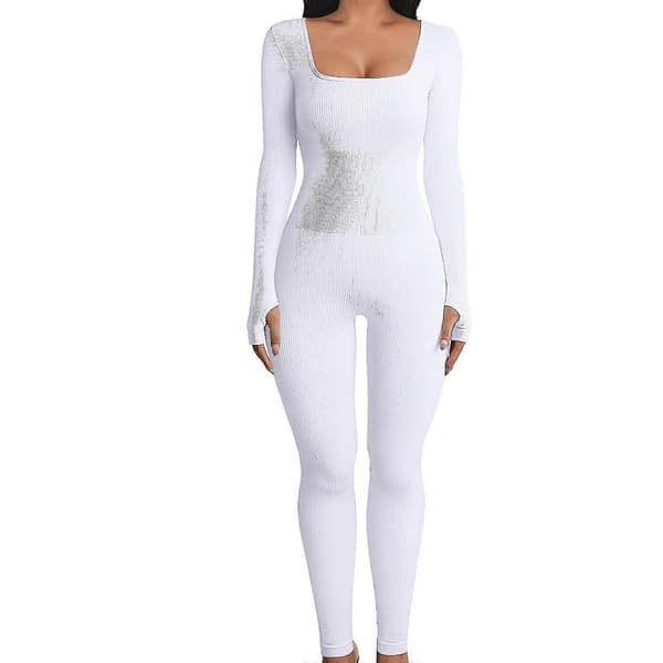 Träningsjumpsuits för kvinnor Ribbade Långärmade Sportjumpsuits White S