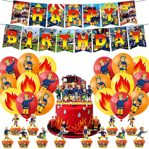Brannmann Sam Tema Bursdagsfest Pynt Ballonger Banner Kake Topper Sett Kit